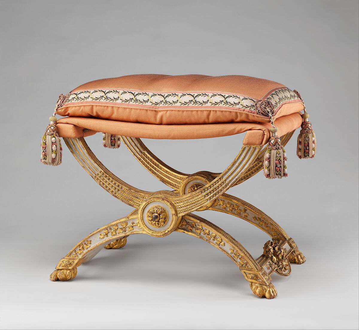 Folding stool (pliant) (one of a pair), Jean-Baptiste-Claude Sené (1748–1803), Carved and painted beechwood, covered in pink silk, French 