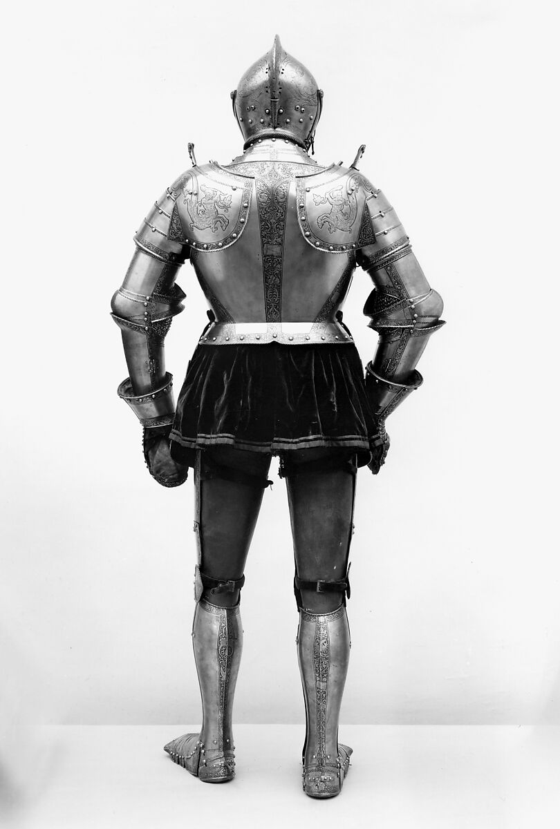 Armor from a Small Garniture for Field and Tournament, Kunz Lochner (German, Nuremberg, 1510–1567), Steel, leather, copper alloy, textile, German, Nuremberg