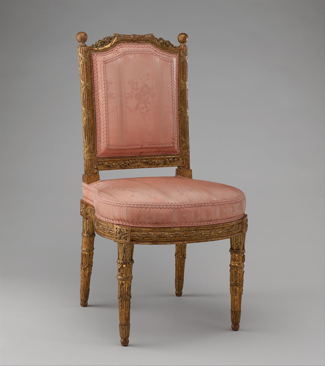 Side chair (chais à la reine) (one of a pair), Georges Jacob  French, Carved and gilded walnut; pink silk moiré damask (not original), French, Paris