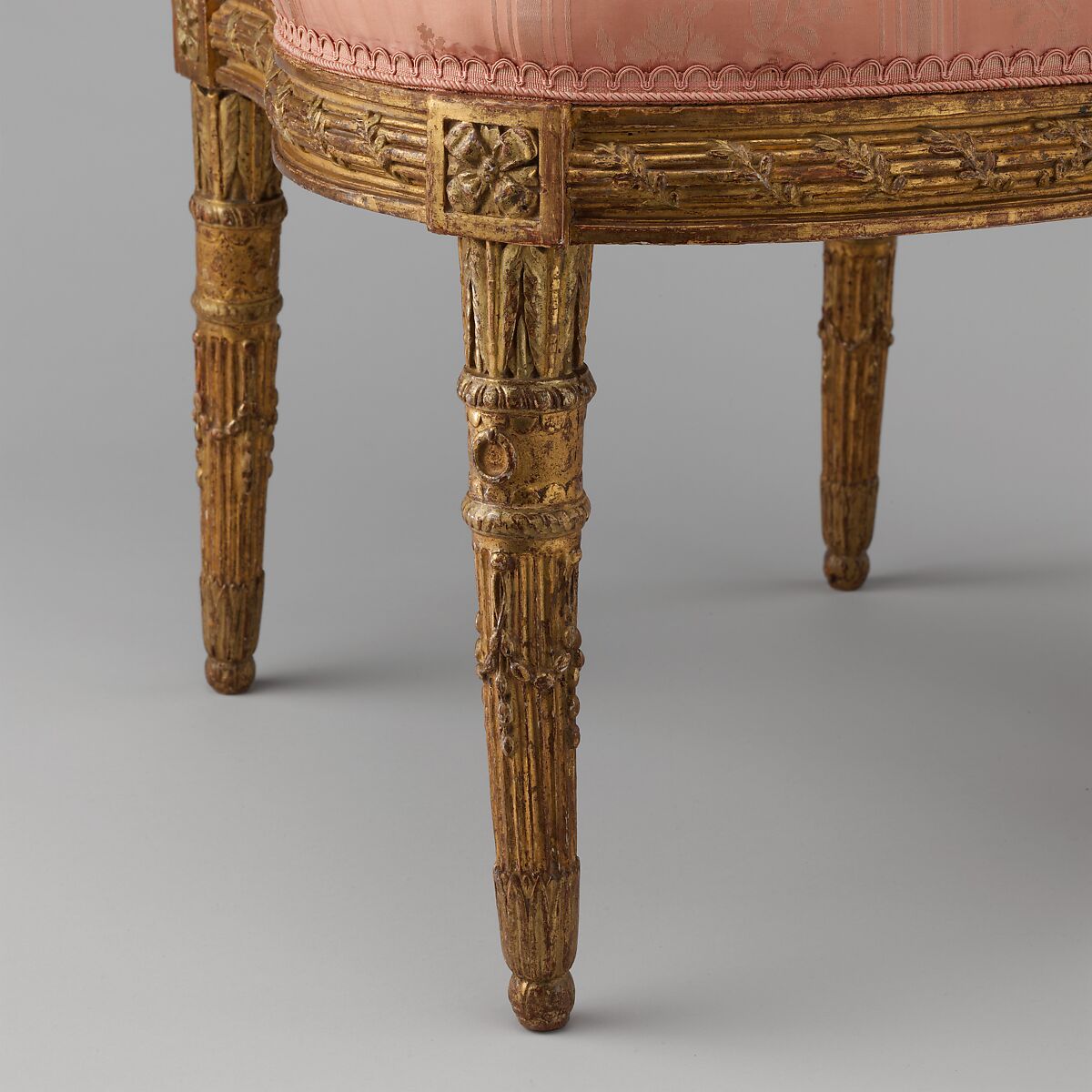 Side chair (chais à la reine) (one of a pair), Georges Jacob (French, Cheny 1739–1814 Paris), Carved and gilded walnut; pink silk moiré damask (not original), French, Paris