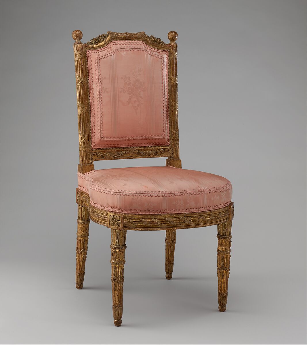 Side chair (chais à la reine) (one of a pair), Georges Jacob (French, Cheny 1739–1814 Paris), Carved and gilded walnut; pink silk moiré damask (not original), French, Paris 