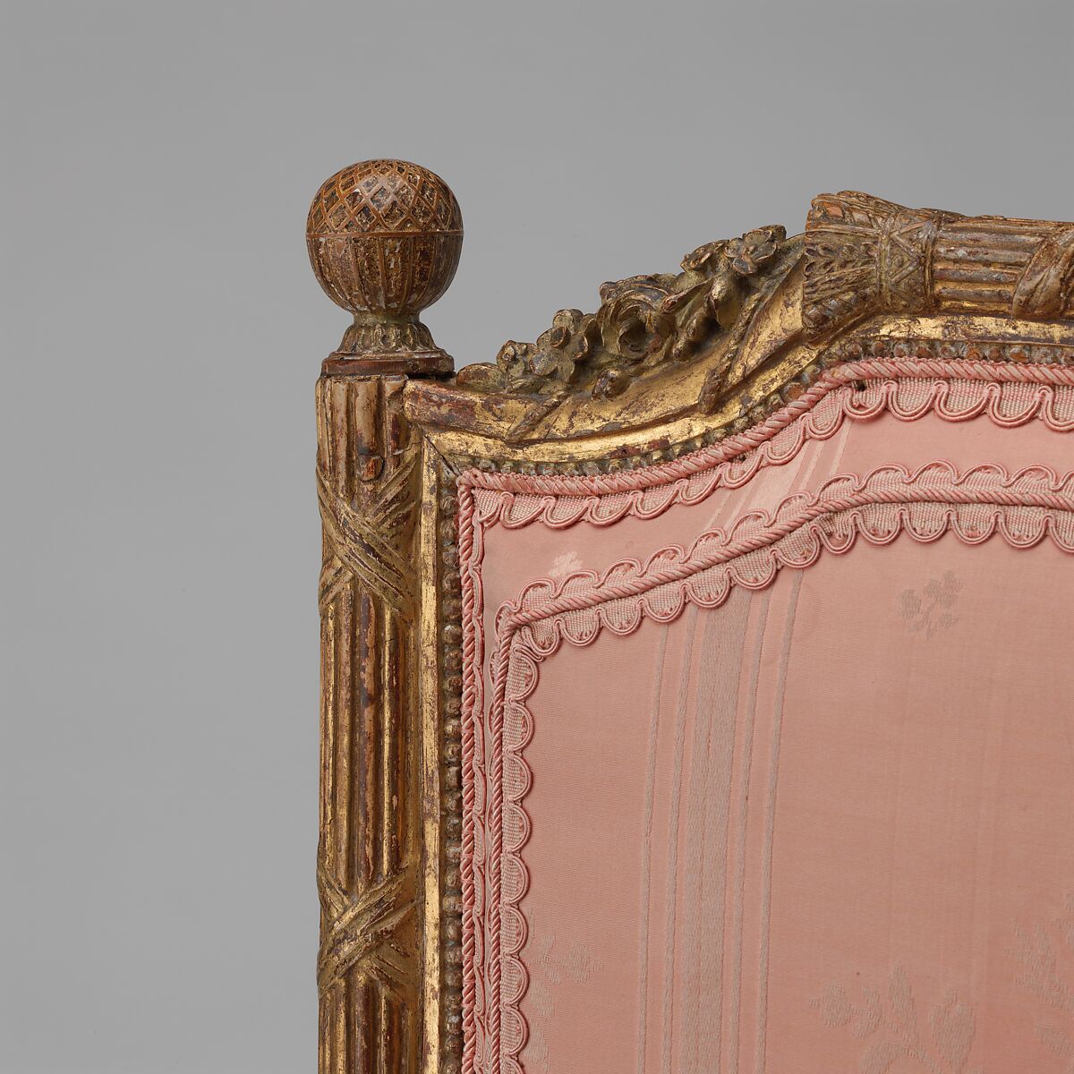 Side chair (chais à la reine) (one of a pair), Georges Jacob (French, Cheny 1739–1814 Paris), Carved and gilded walnut; pink silk moiré damask (not original), French, Paris