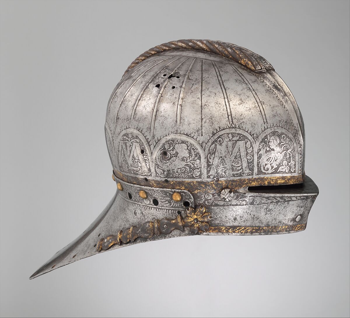 Jousting Sallet (<i>Rennhut</i>) Made for Louis II (1506–1526), King of Hungary and Bohemia, Attributed to Kolman Helmschmid (German, Augsburg 1471–1532), Steel, copper alloy, gold, German, Augsburg 