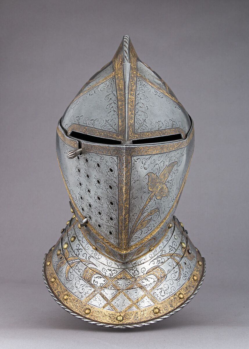Close Helmet from a Garniture Made for a Member of the d'Avalos Family, Steel, gold, German, Augsburg