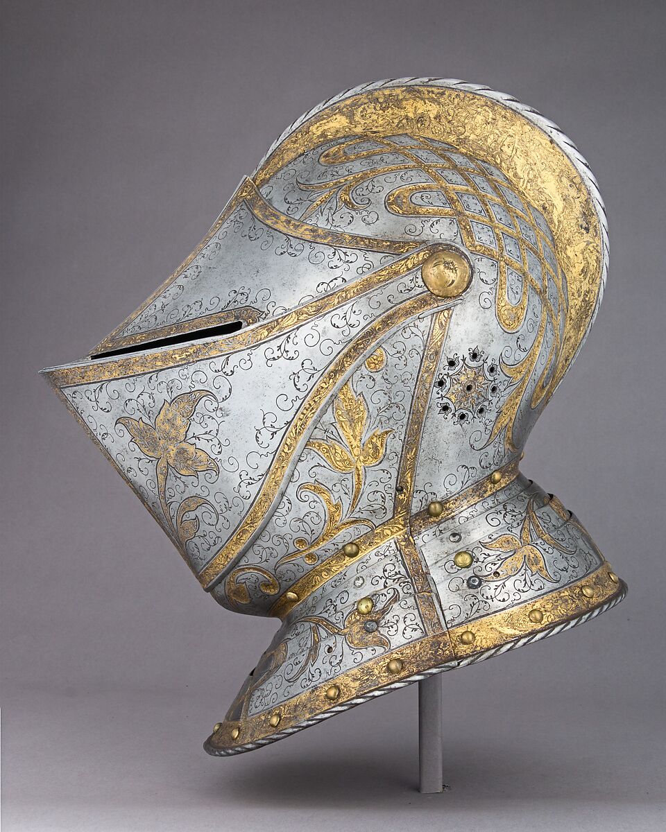 Close Helmet from a Garniture Made for a Member of the d'Avalos Family, Steel, gold, German, Augsburg
