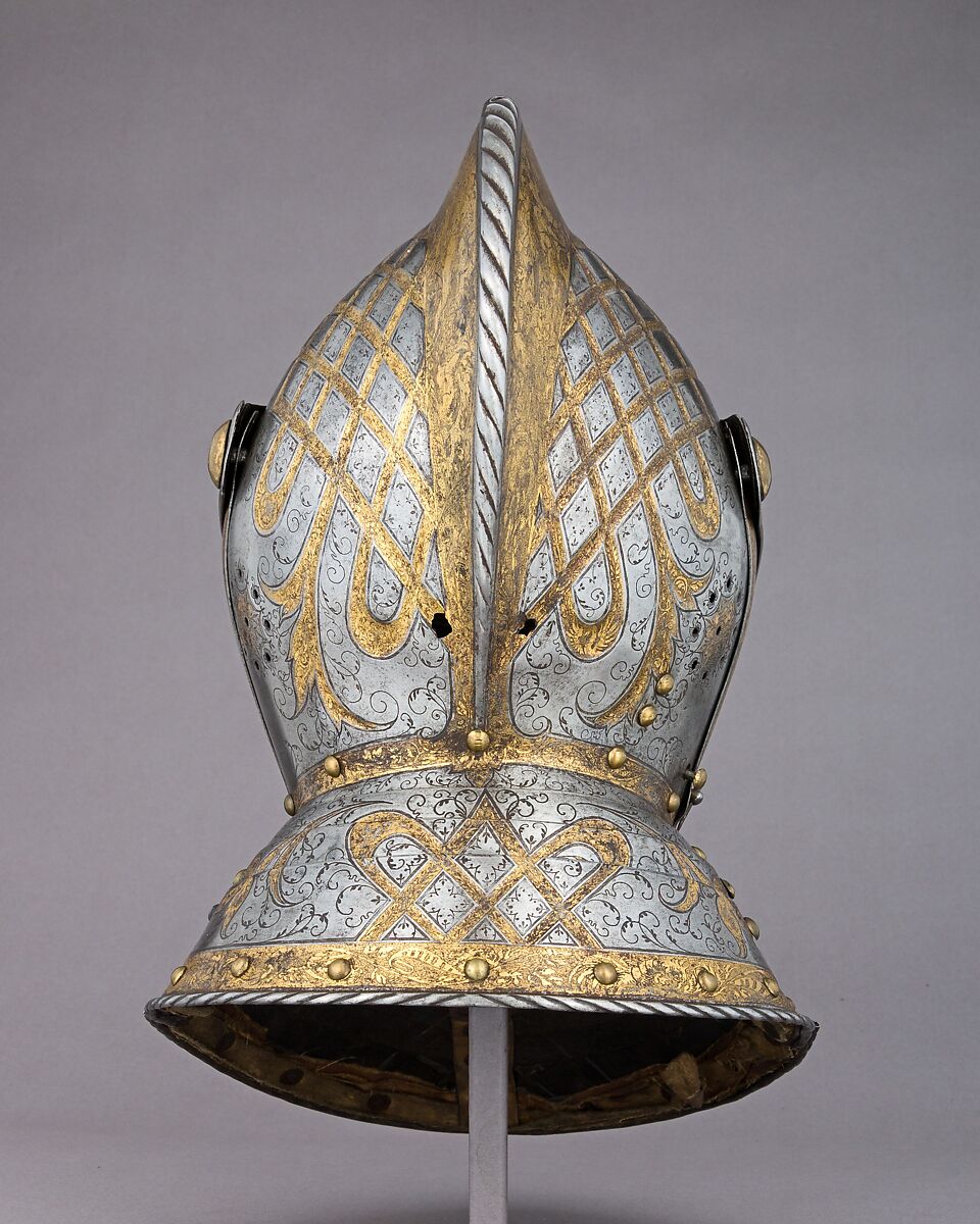 Close Helmet from a Garniture Made for a Member of the d'Avalos Family, Steel, gold, German, Augsburg