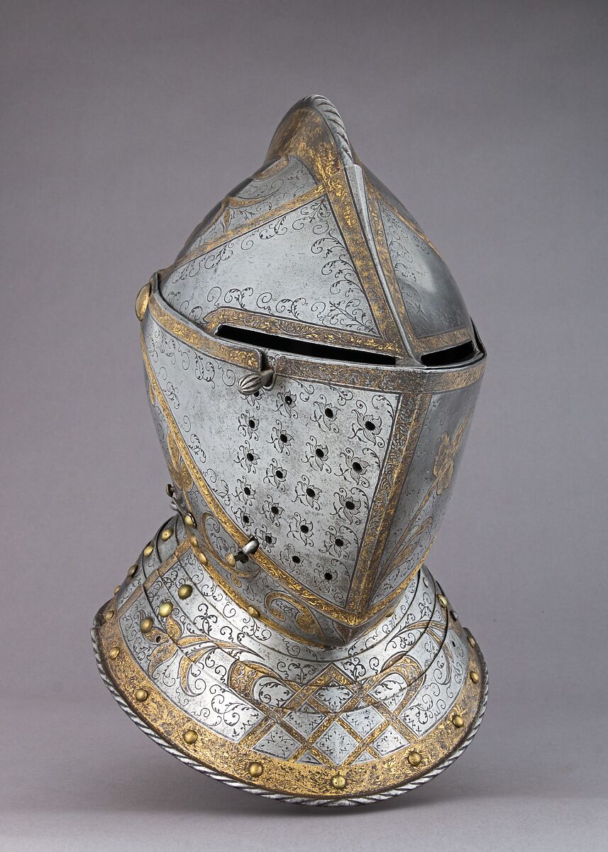 Close Helmet from a Garniture Made for a Member of the d'Avalos Family, Steel, gold, German, Augsburg