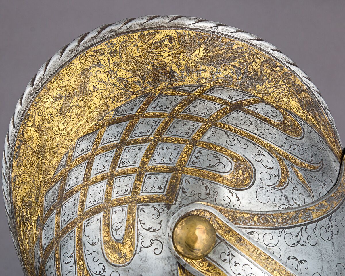 Close Helmet from a Garniture Made for a Member of the d'Avalos Family, Steel, gold, German, Augsburg