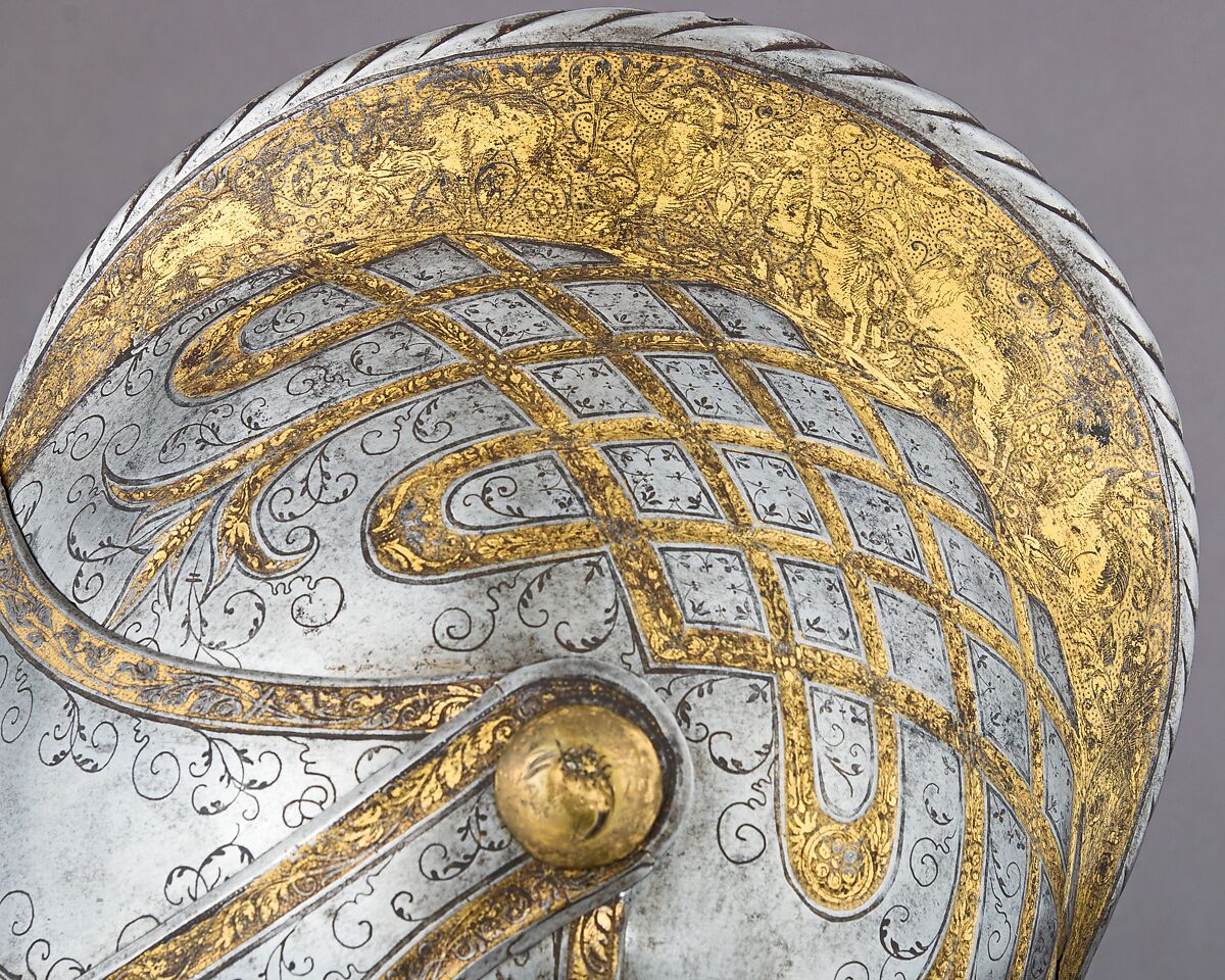Close Helmet from a Garniture Made for a Member of the d'Avalos Family, Steel, gold, German, Augsburg