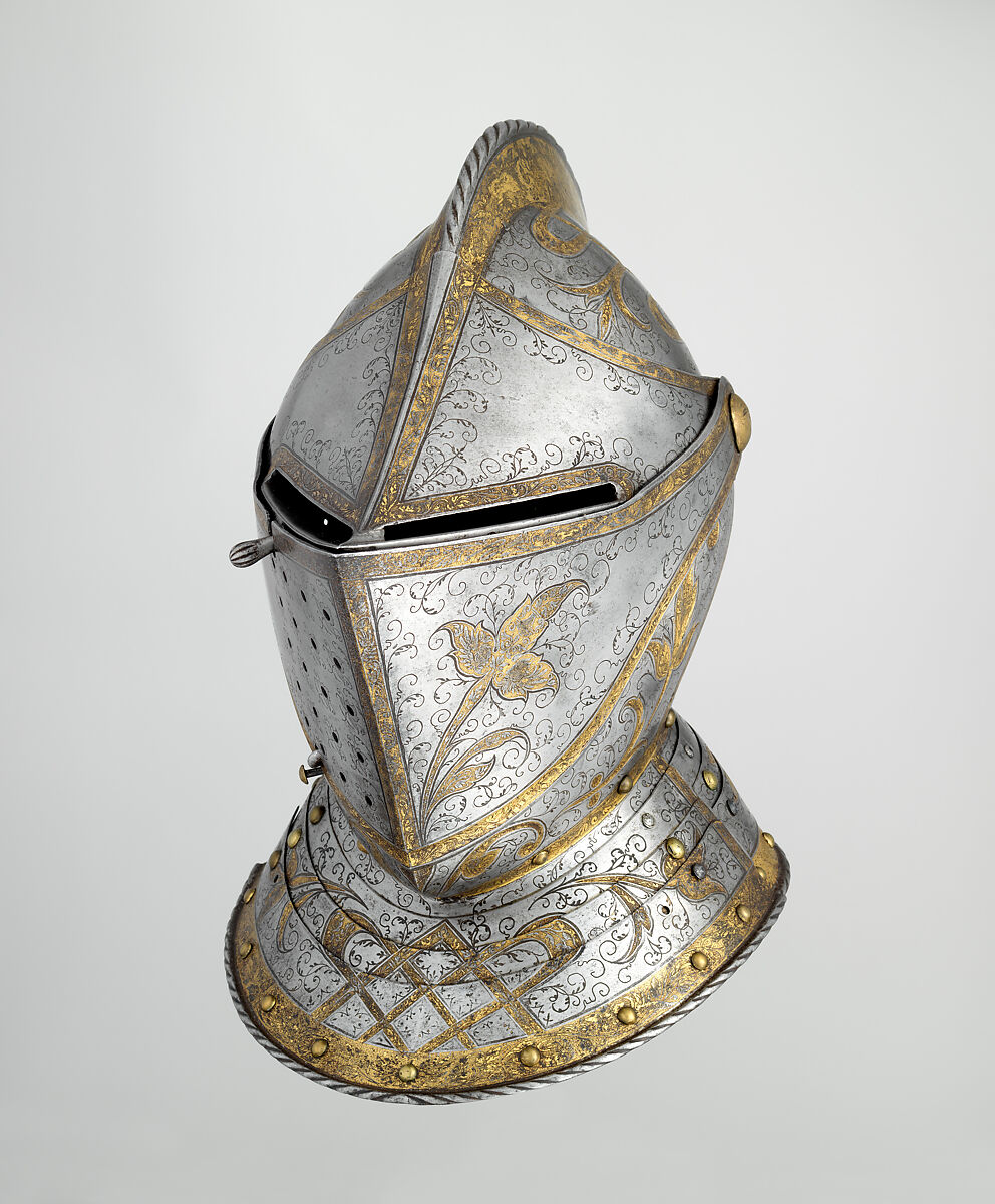 Close Helmet from a Garniture Made for a Member of the d'Avalos Family, Steel, gold, German, Augsburg 