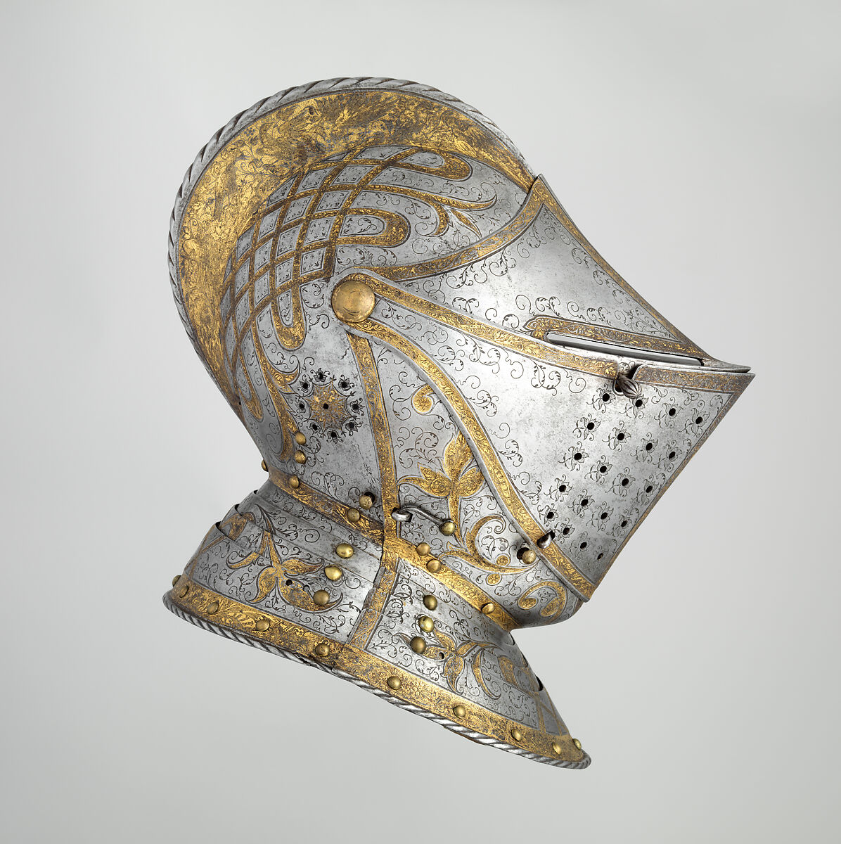 Close Helmet from a Garniture Made for a Member of the d'Avalos Family, Steel, gold, German, Augsburg