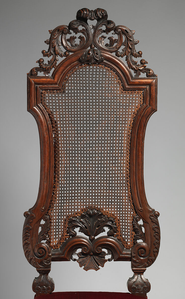 Chair (one of a set of six), Walnut, caning; velvet not original to frame, British