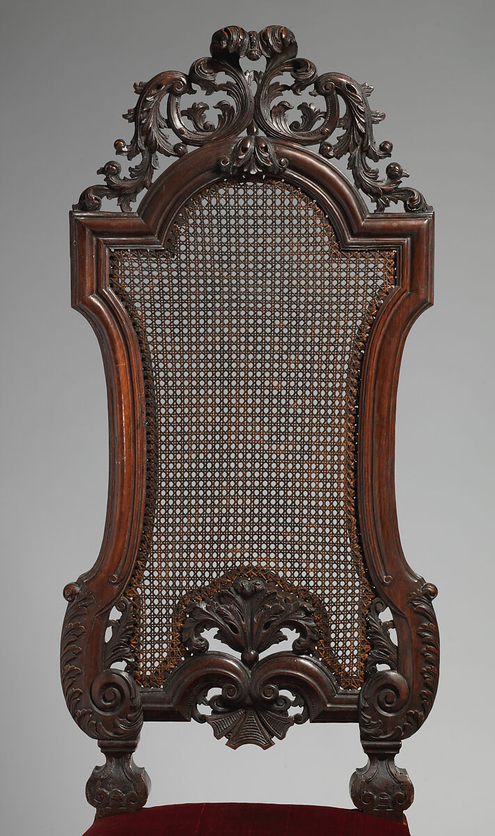 Chair (one of a set of six), Walnut, caning; velvet not original to frame, British
