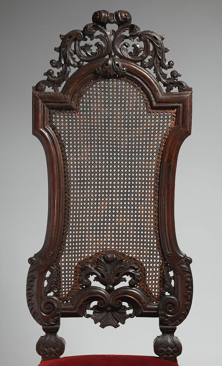 Chair (one of a set of six), Walnut, caning; velvet not original to frame, British