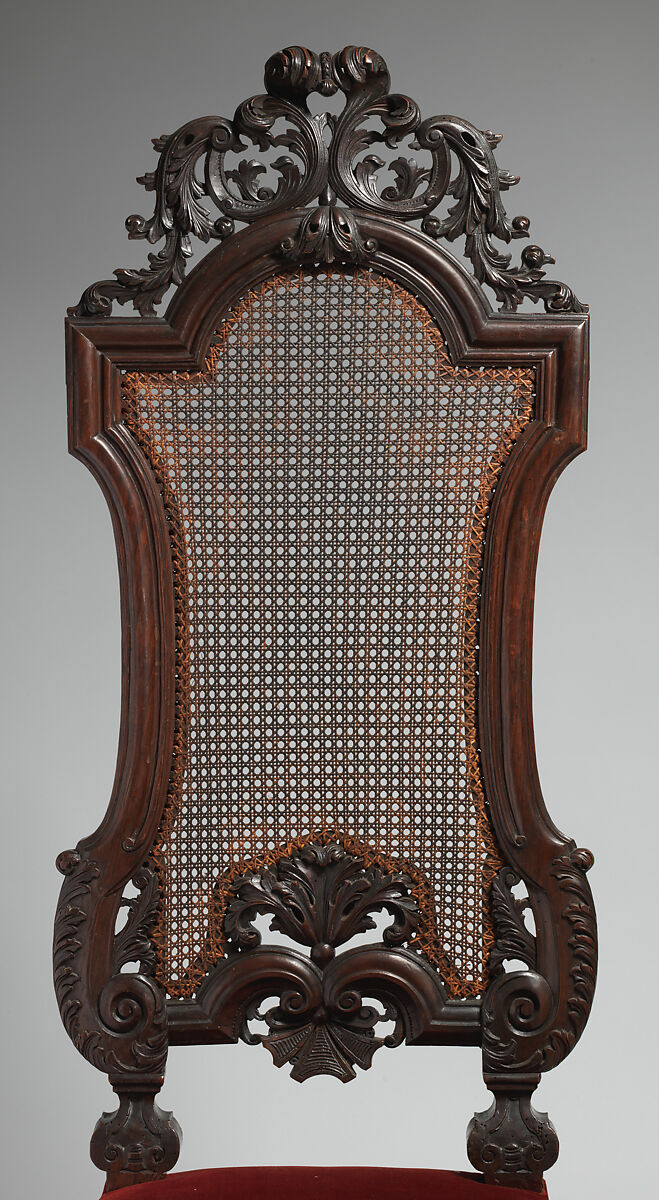 Chair (one of a set of six), Walnut, caning; velvet not original to frame, British