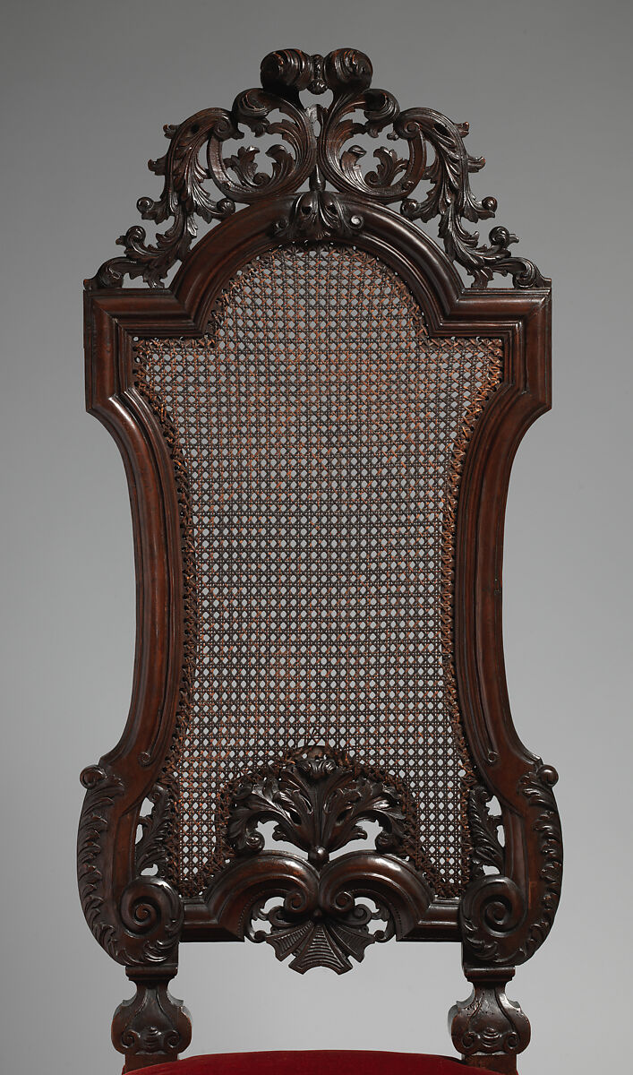 Chair (one of a set of six), Walnut, caning; velvet not original to frame, British