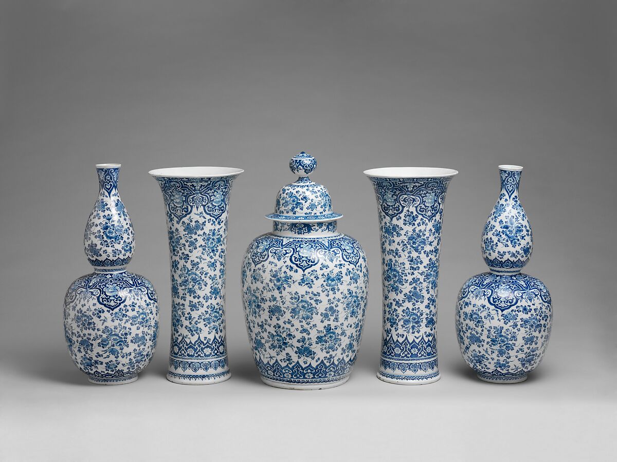 Vase with cover (part of a garniture), Lambertus van Eenhoorn (Dutch, 1651–1721)  , factory director in 1691, Tin-glazed earthenware, Dutch, Delft 