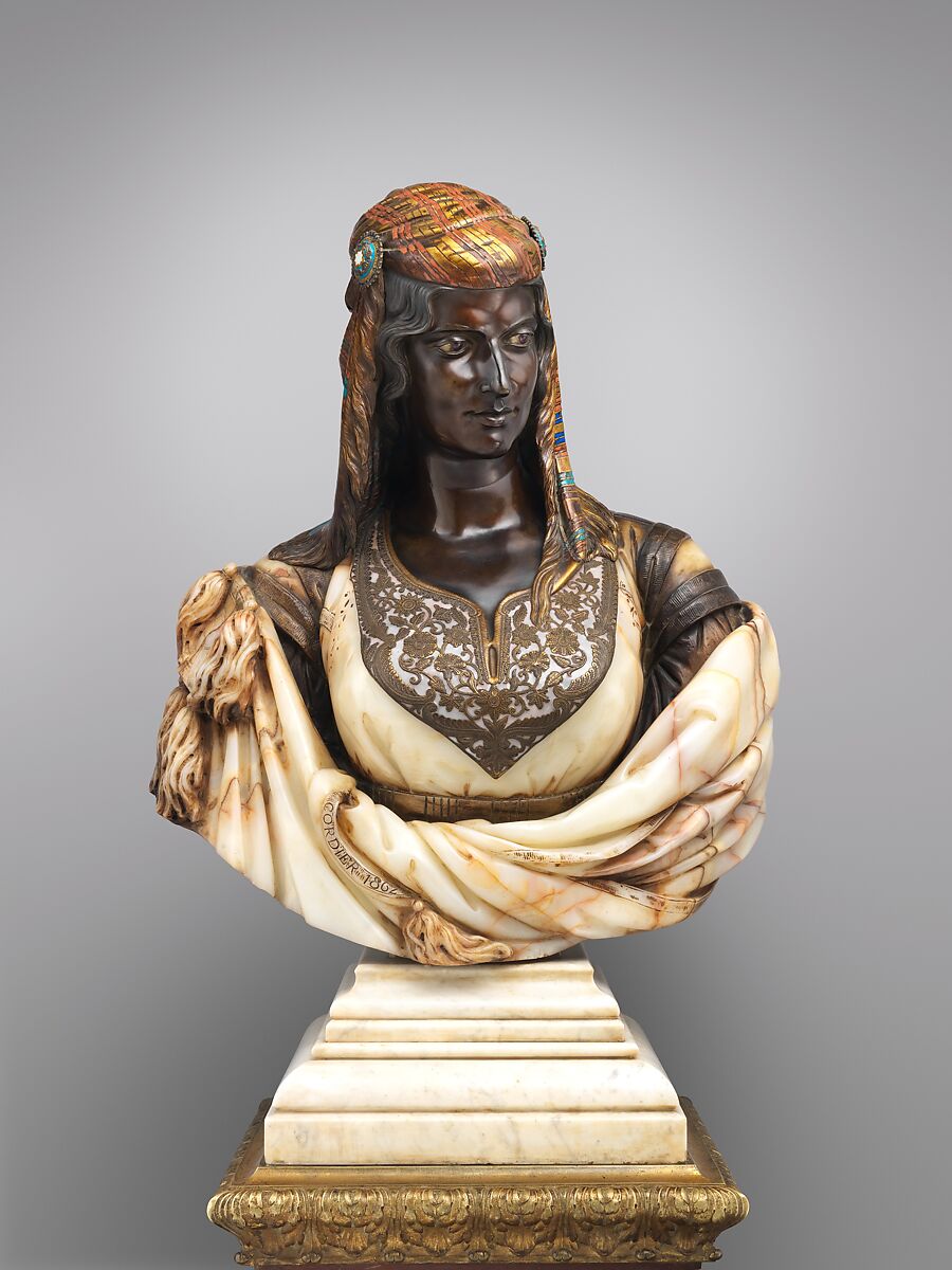 Jewish Woman of Algiers, Charles-Henri-Joseph Cordier (French, 1827–1905), Algerian onyx-marble, bronze, gilt bronze, enamel, and amethyst eyes; white marble socle, French, Paris 