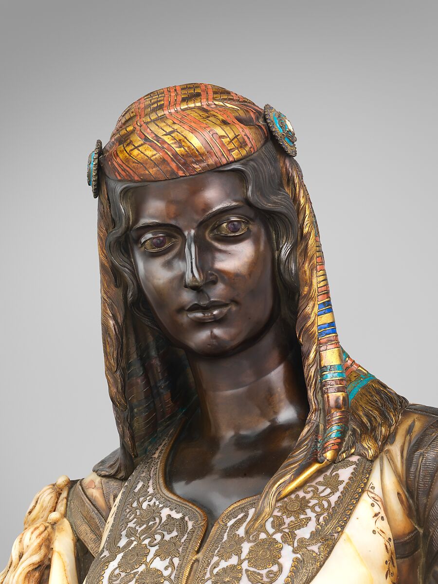 Jewish Woman of Algiers, Charles-Henri-Joseph Cordier (French, 1827–1905), Algerian onyx-marble, bronze, gilt bronze, enamel, and amethyst eyes; white marble socle, French, Paris
