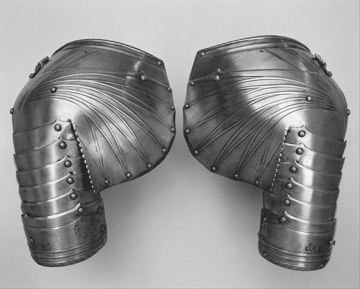 Pair of Tournament Pauldrons (Shoulder Defenses), Marked by Lorenz Helmschmid (German, Augsburg, ca. 1445–1516), Steel, copper alloy, German, Augsburg