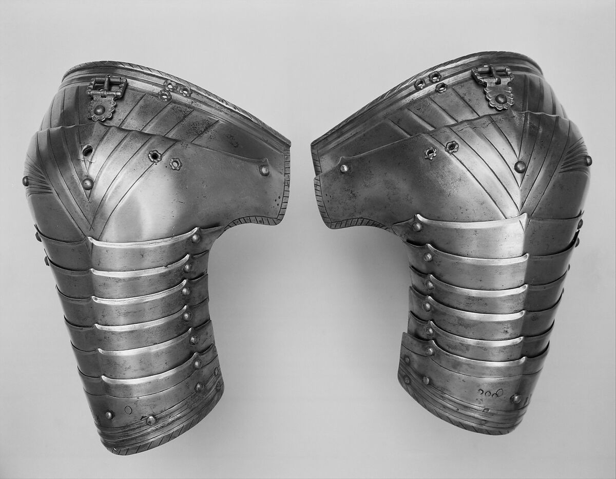Pair of Tournament Pauldrons (Shoulder Defenses), Marked by Lorenz Helmschmid (German, Augsburg, ca. 1445–1516), Steel, copper alloy, German, Augsburg