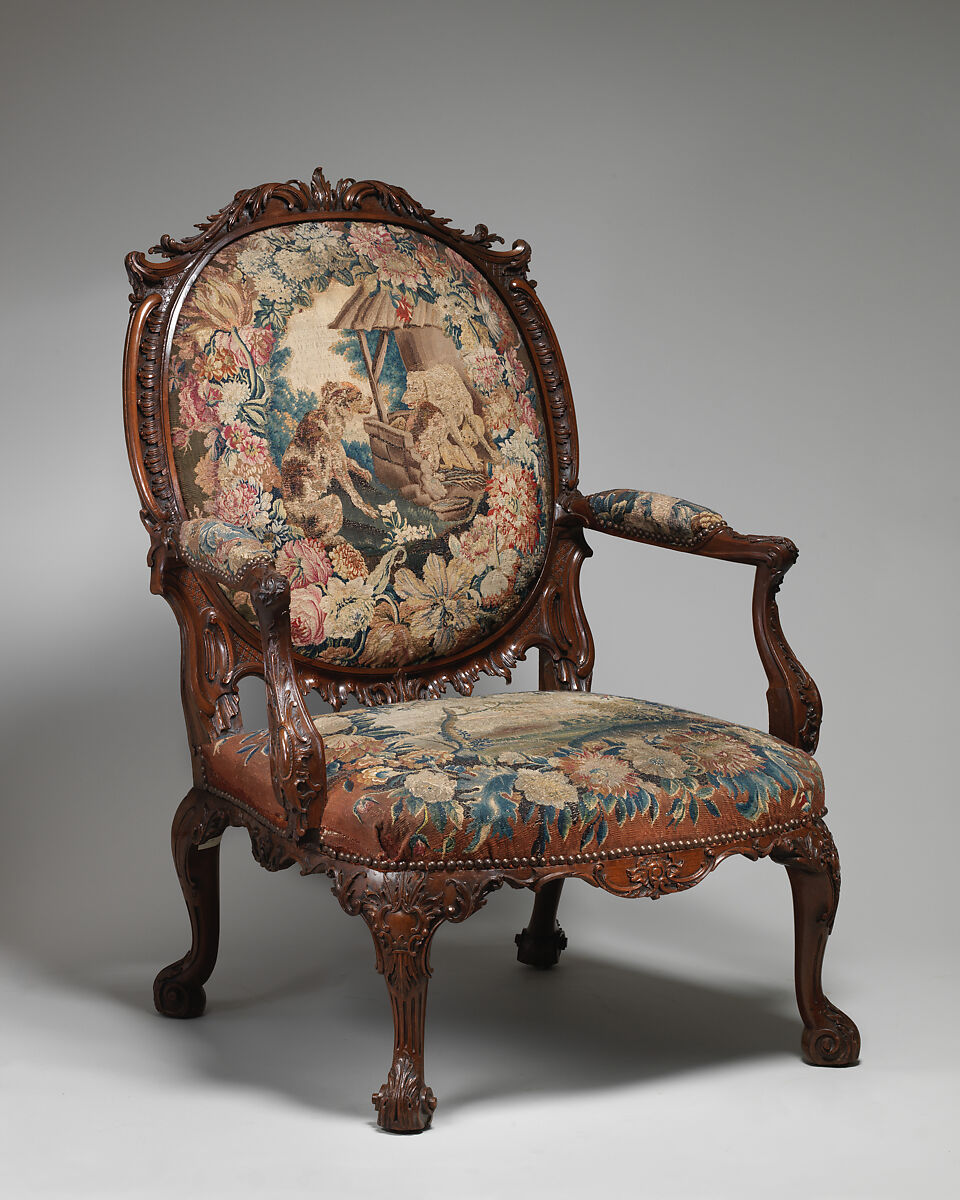 Armchair (one of four), Tapestry probably woven at Royal Manufactory Beauvais 1664-1789, Mahogany; wool and silk (18-21 warps per inch, 7-9 per centimeter), British and French, probably Beauvais 