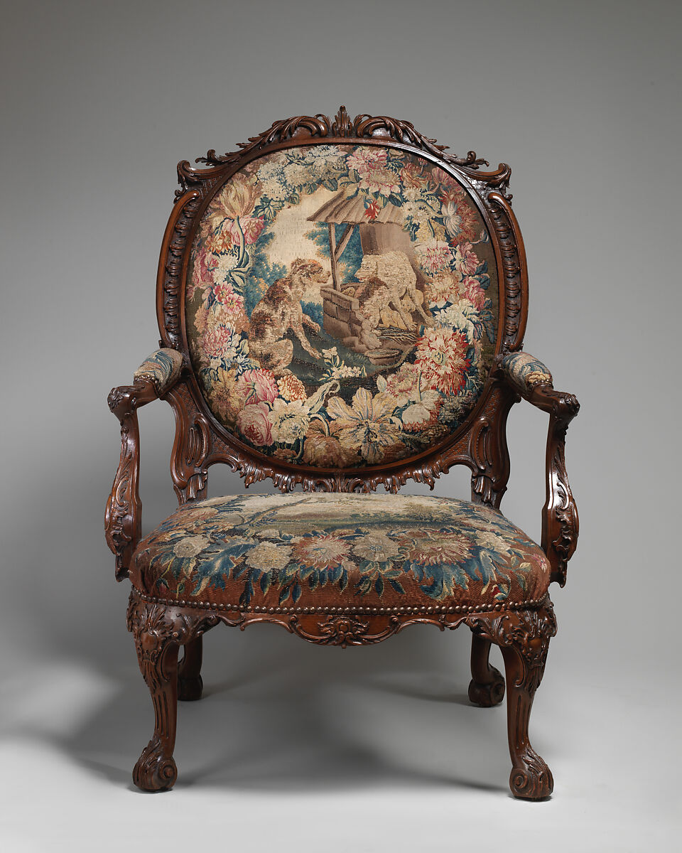 Armchair (one of four), Tapestry probably woven at Royal Manufactory Beauvais 1664-1789, Mahogany; wool and silk (18-21 warps per inch, 7-9 per centimeter), British and French, probably Beauvais