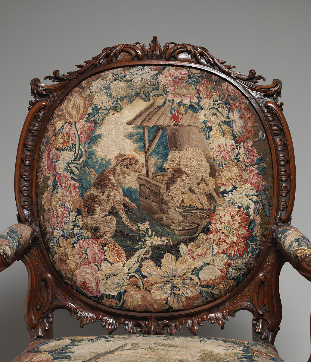 Armchair (one of four), Tapestry probably woven at Royal Manufactory Beauvais 1664-1789, Mahogany; wool and silk (18-21 warps per inch, 7-9 per centimeter), British and French, probably Beauvais