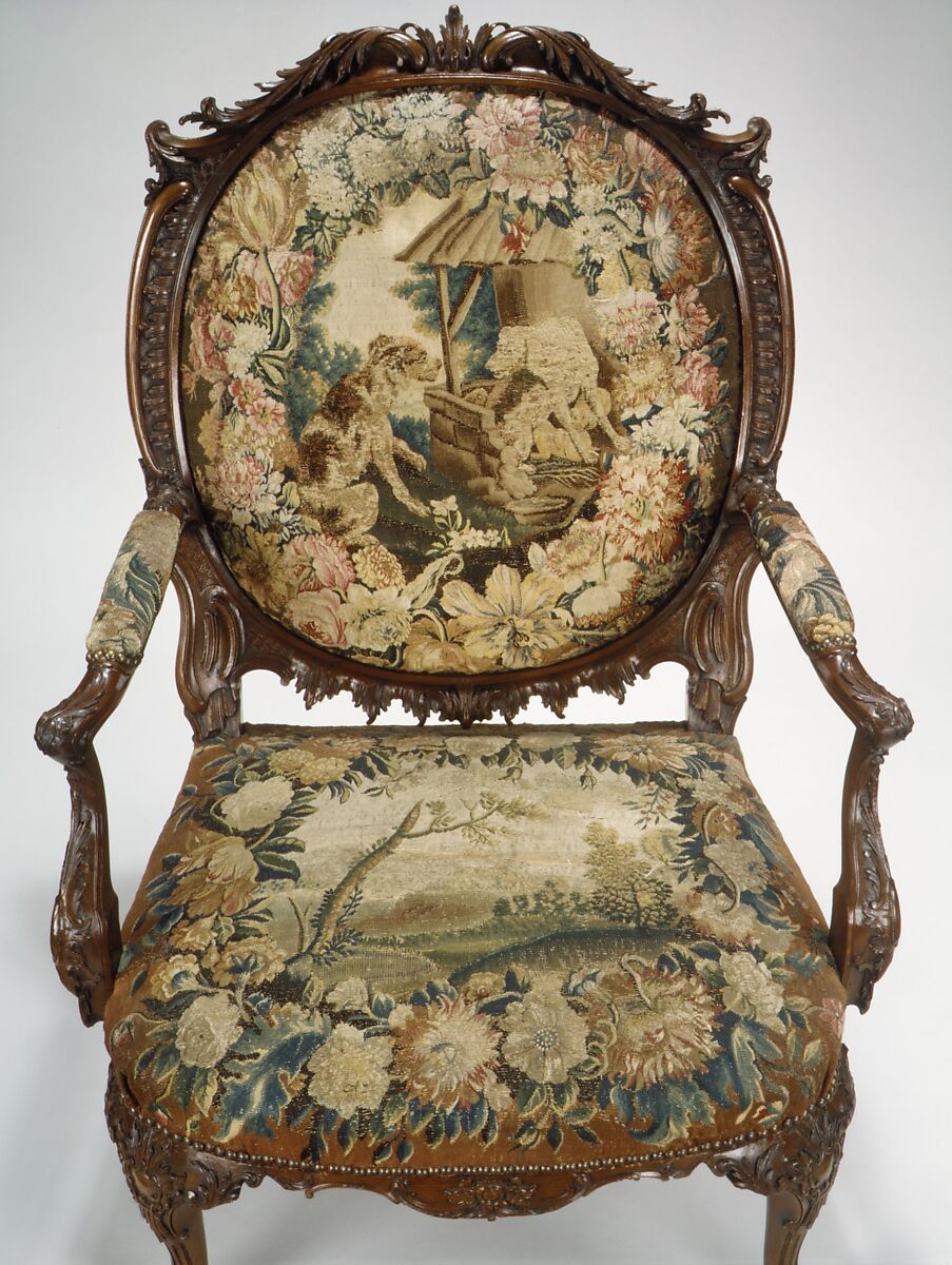 Armchair (one of four), Tapestry probably woven at Royal Manufactory Beauvais 1664-1789, Mahogany; wool and silk (18-21 warps per inch, 7-9 per centimeter), British and French, probably Beauvais
