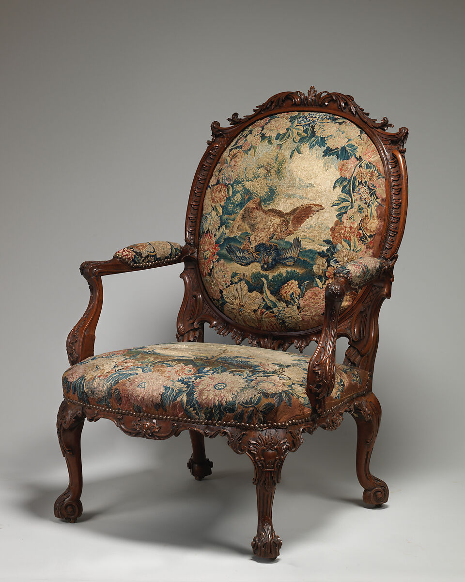 Armchair (one of four), Tapestry probably woven at Royal Manufactory Beauvais 1664-1789, Mahogany; wool and silk (18-21 warps per inch, 7-9 per centimeter), British and French, probably Beauvais 