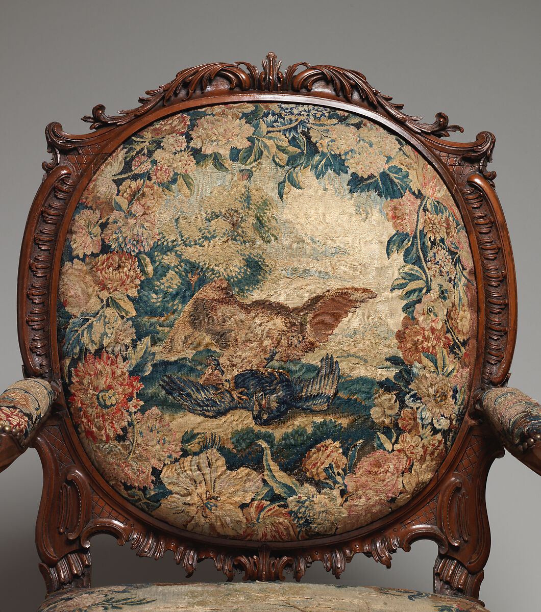 Armchair (one of four), Tapestry probably woven at Royal Manufactory Beauvais 1664-1789, Mahogany; wool and silk (18-21 warps per inch, 7-9 per centimeter), British and French, probably Beauvais