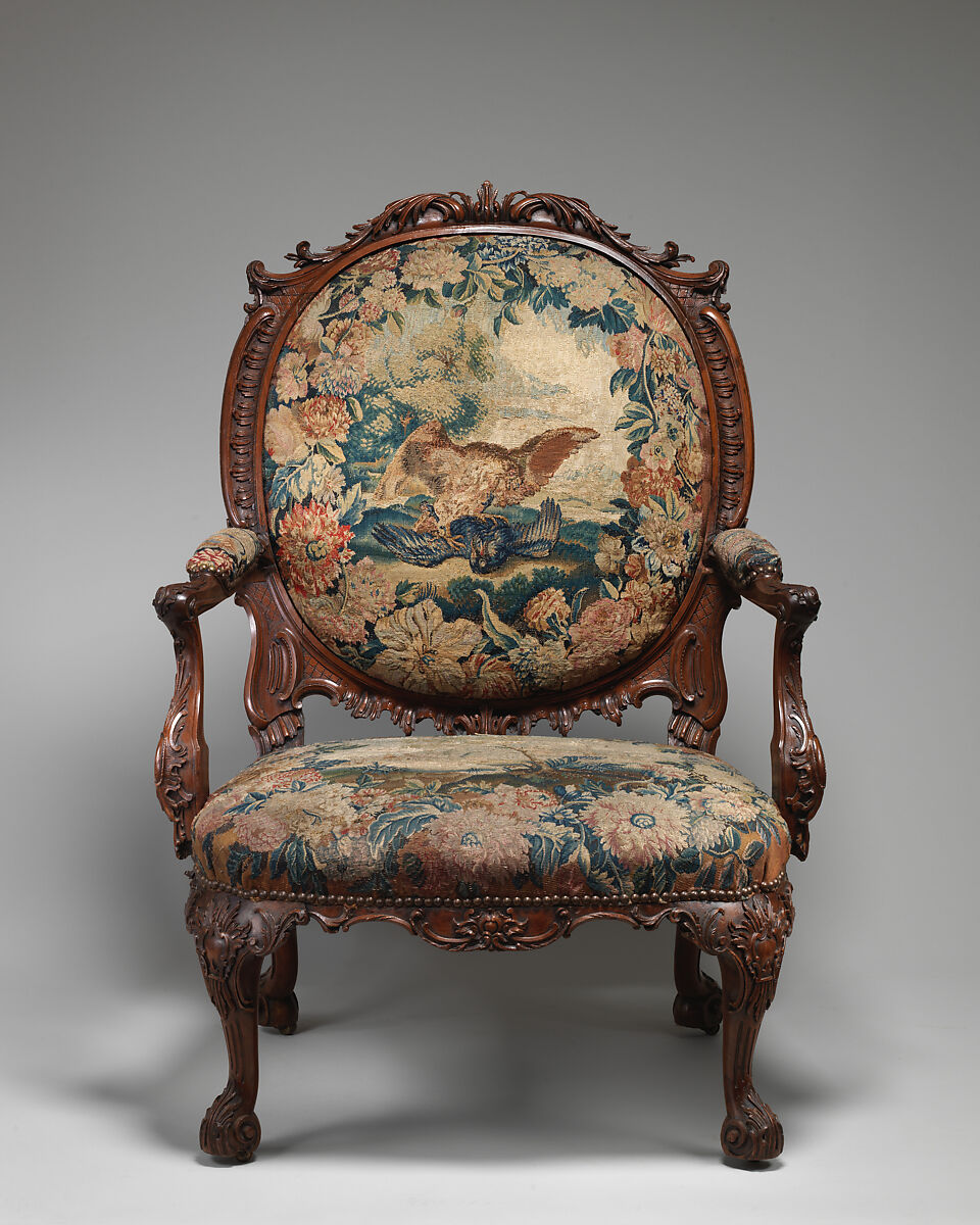 Armchair (one of four), Tapestry probably woven at Royal Manufactory Beauvais 1664-1789, Mahogany; wool and silk (18-21 warps per inch, 7-9 per centimeter), British and French, probably Beauvais
