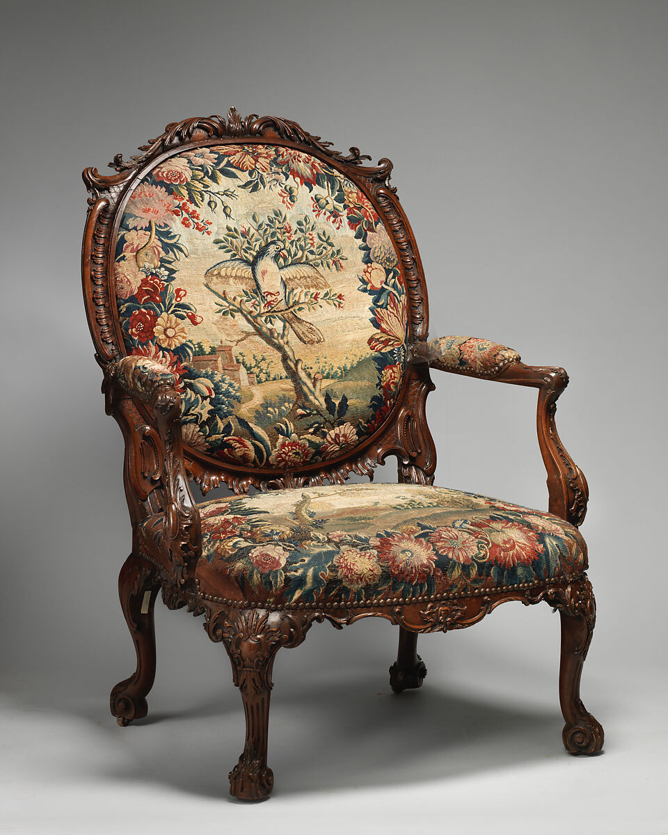 Armchair (one of four), Tapestry probably woven at Royal Manufactory Beauvais 1664-1789, Mahogany; wool and silk (18-21 warps per inch, 7-9 per centimeter), British and French, probably Beauvais 