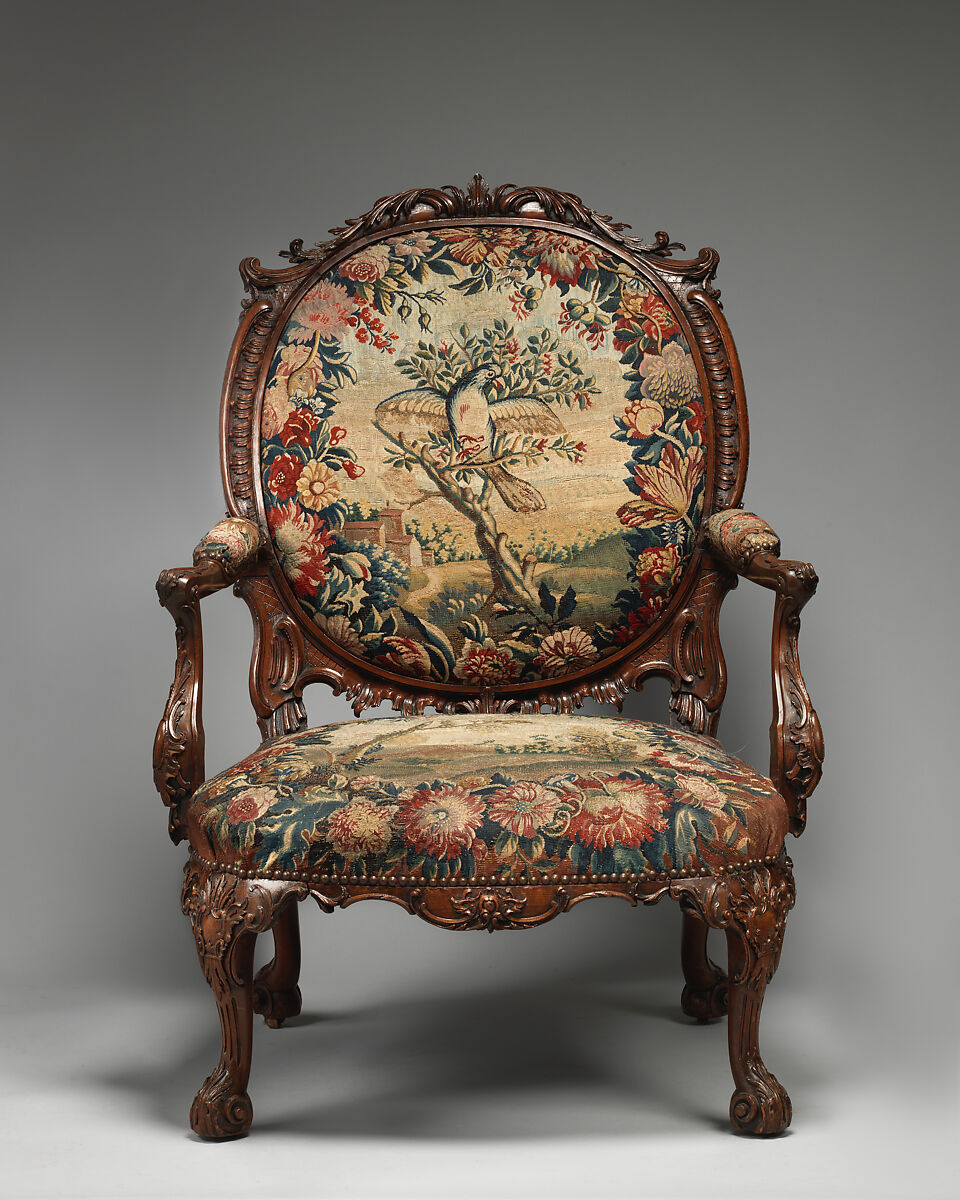 Armchair (one of four), Tapestry probably woven at Royal Manufactory Beauvais 1664-1789, Mahogany; wool and silk (18-21 warps per inch, 7-9 per centimeter), British and French, probably Beauvais
