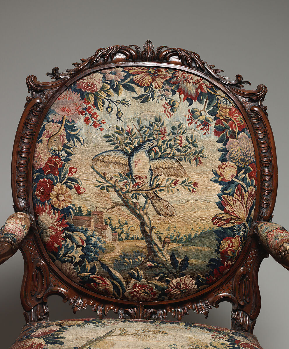 Armchair (one of four), Tapestry probably woven at Royal Manufactory Beauvais 1664-1789, Mahogany; wool and silk (18-21 warps per inch, 7-9 per centimeter), British and French, probably Beauvais