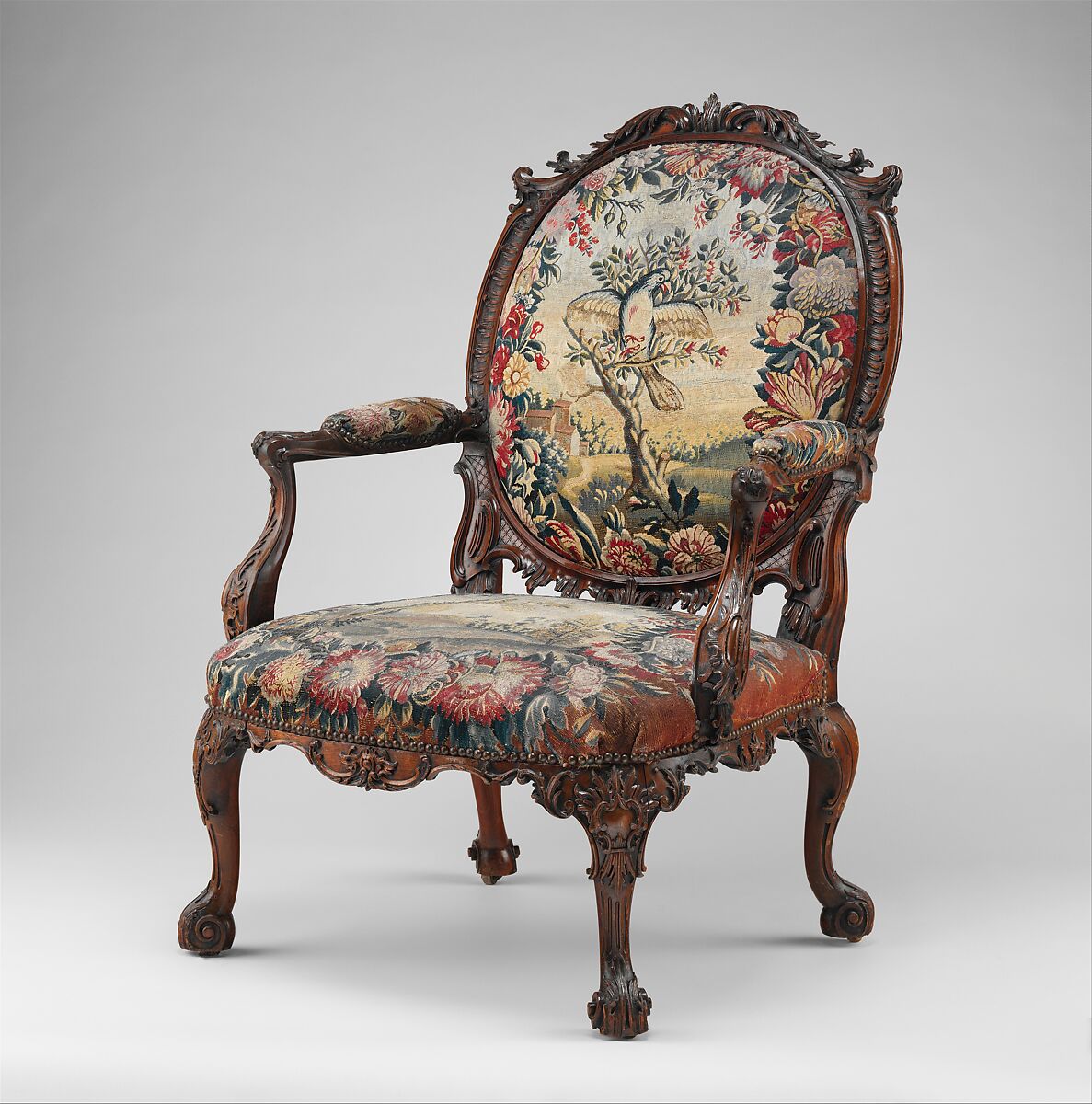 Armchair (one of four), Tapestry probably woven at Royal Manufactory Beauvais 1664-1789, Mahogany; wool and silk (18-21 warps per inch, 7-9 per centimeter), British and French, probably Beauvais