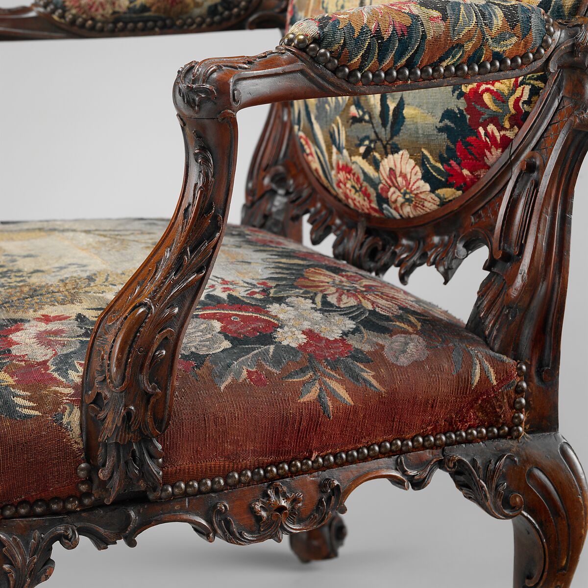 Armchair (one of four), Tapestry probably woven at Royal Manufactory Beauvais 1664-1789, Mahogany; wool and silk (18-21 warps per inch, 7-9 per centimeter), British and French, probably Beauvais