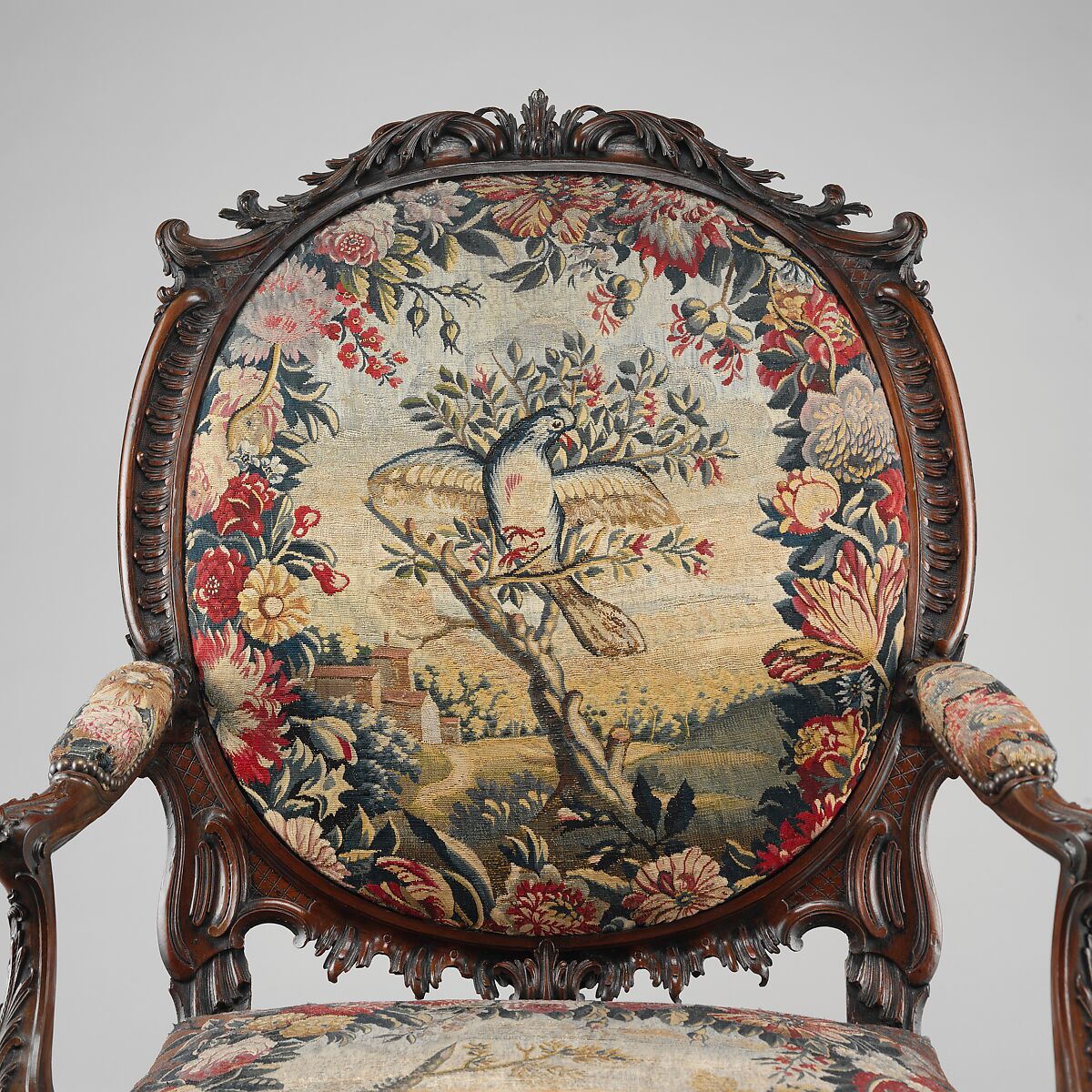 Armchair (one of four), Tapestry probably woven at Royal Manufactory Beauvais 1664-1789, Mahogany; wool and silk (18-21 warps per inch, 7-9 per centimeter), British and French, probably Beauvais