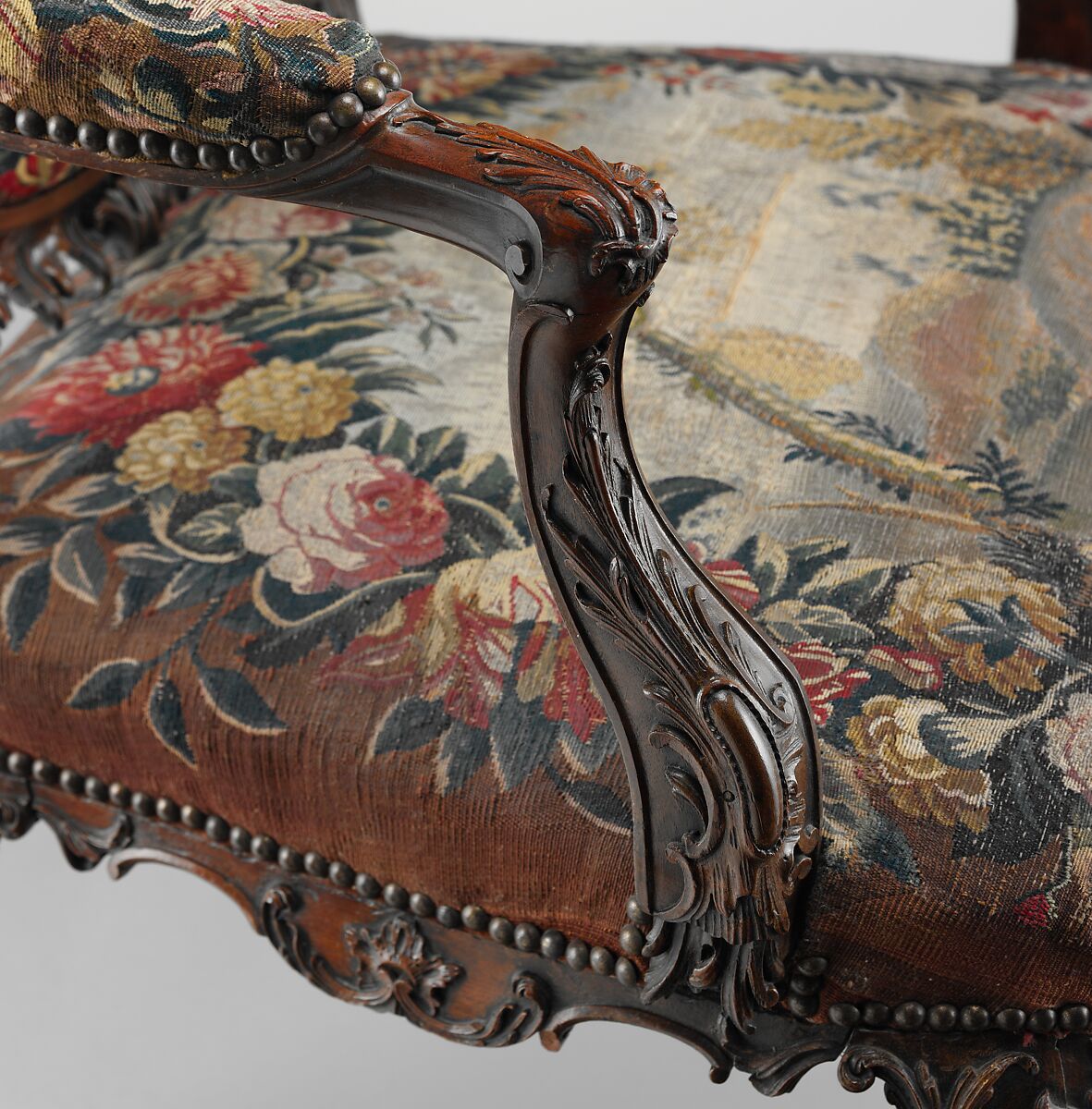 Armchair (one of four), Tapestry probably woven at Royal Manufactory Beauvais 1664-1789, Mahogany; wool and silk (18-21 warps per inch, 7-9 per centimeter), British and French, probably Beauvais