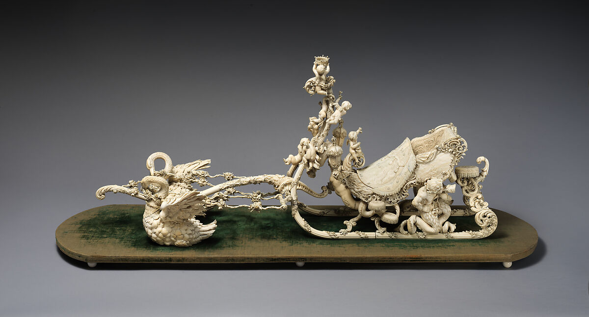 Model of King Ludwig II of Bavaria's Neo-Rococo Sleigh, Franz Seitz (German, 1817–1883), Historic ivory, carved, punched, and engraved; on oval silk velvet-covered wooden stand with historic ivory ball feet, German, Munich