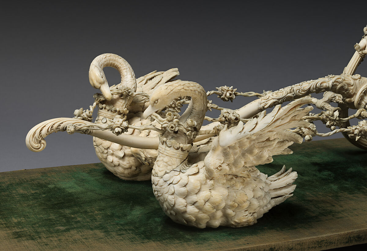 Model of King Ludwig II of Bavaria's Neo-Rococo Sleigh, Franz Seitz (German, 1817–1883), Historic ivory, carved, punched, and engraved; on oval silk velvet-covered wooden stand with historic ivory ball feet, German, Munich