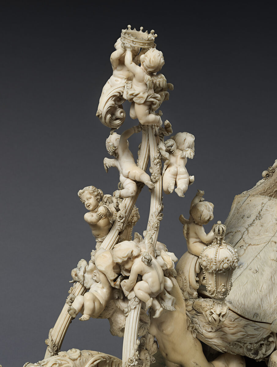 Model of King Ludwig II of Bavaria's Neo-Rococo Sleigh, Franz Seitz (German, 1817–1883), Historic ivory, carved, punched, and engraved; on oval silk velvet-covered wooden stand with historic ivory ball feet, German, Munich