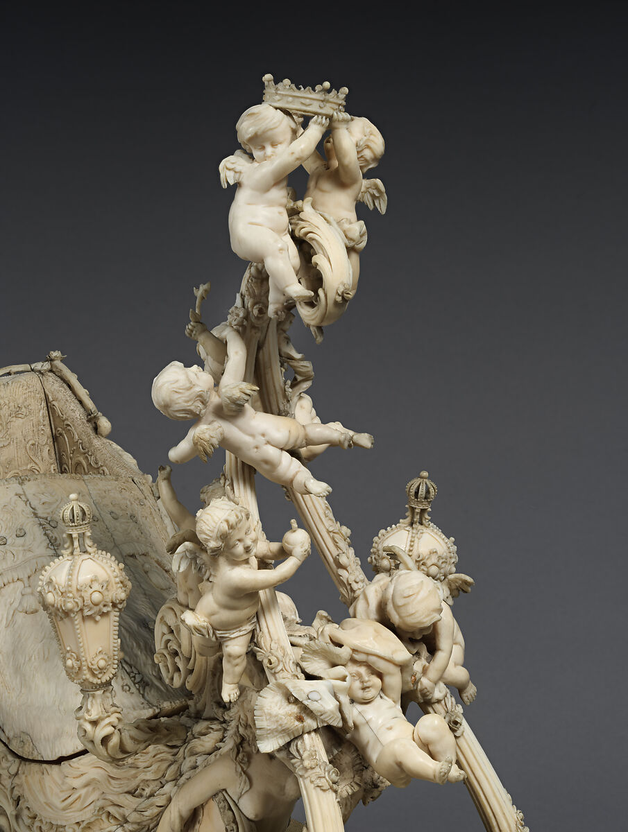 Model of King Ludwig II of Bavaria's Neo-Rococo Sleigh, Franz Seitz (German, 1817–1883), Historic ivory, carved, punched, and engraved; on oval silk velvet-covered wooden stand with historic ivory ball feet, German, Munich