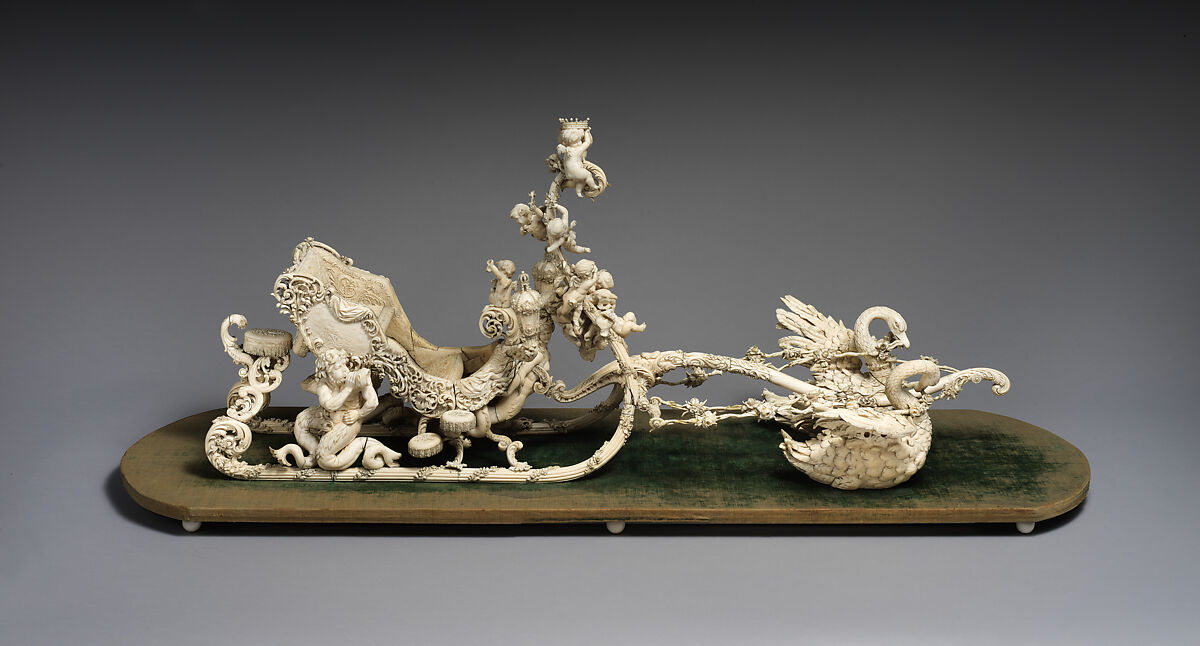 Model of King Ludwig II of Bavaria's Neo-Rococo Sleigh, Franz Seitz (German, 1817–1883), Historic ivory, carved, punched, and engraved; on oval silk velvet-covered wooden stand with historic ivory ball feet, German, Munich
