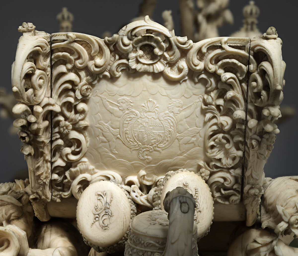 Model of King Ludwig II of Bavaria's Neo-Rococo Sleigh, Franz Seitz (German, 1817–1883), Historic ivory, carved, punched, and engraved; on oval silk velvet-covered wooden stand with historic ivory ball feet, German, Munich