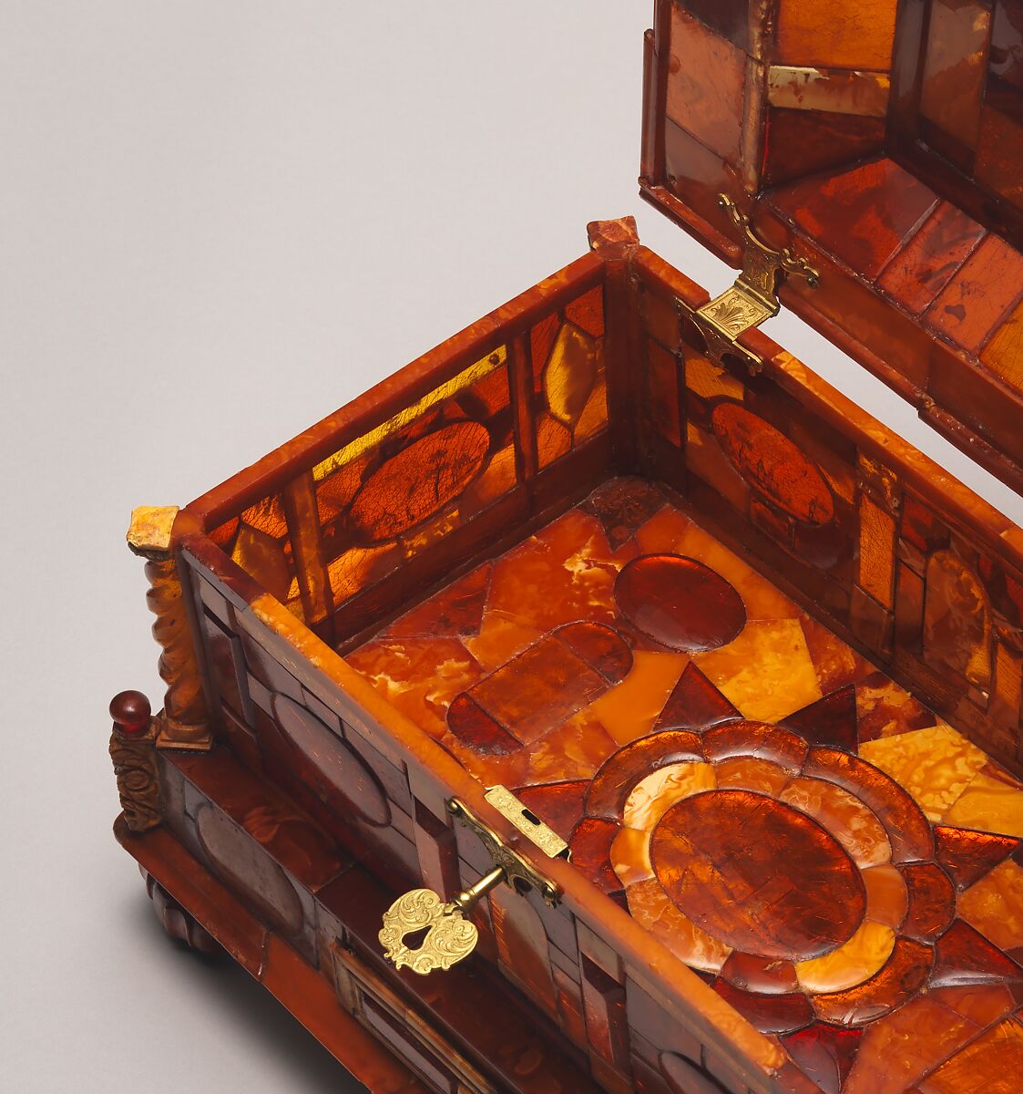 Casket, Attributed to Michel Redlin (German, documented 1688), Amber, gold foil, gilt brass, wood, silk satin, paper, German, Danzig (Gdansk)