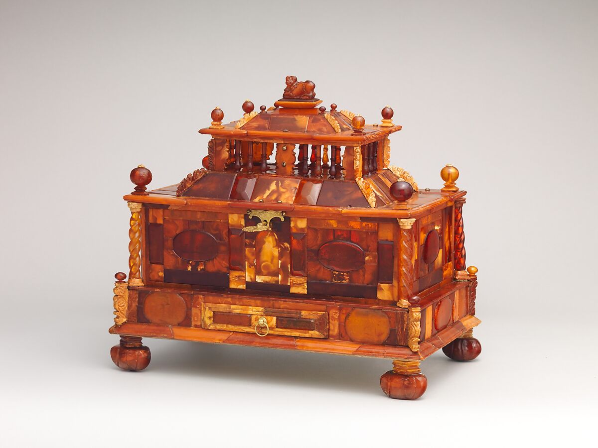 Casket, Attributed to Michel Redlin (German, documented 1688), Amber, gold foil, gilt brass, wood, silk satin, paper, German, Danzig (Gdansk) 