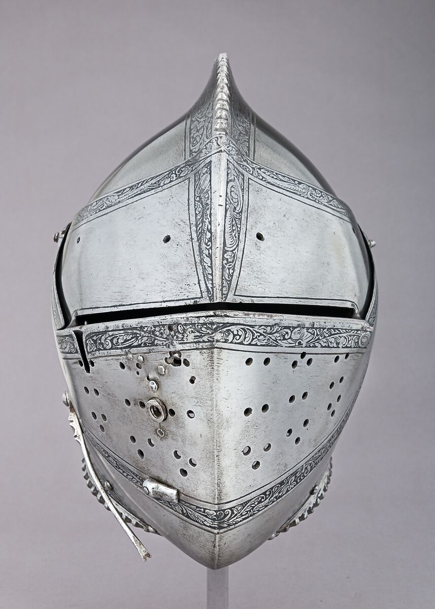 Close Helmet for the Tourney, Ornament copied from a design by Daniel Hopfer (German, Kaufbeuren 1471–1536 Augsburg), Steel, leather, brass, Austrian, Innsbruck