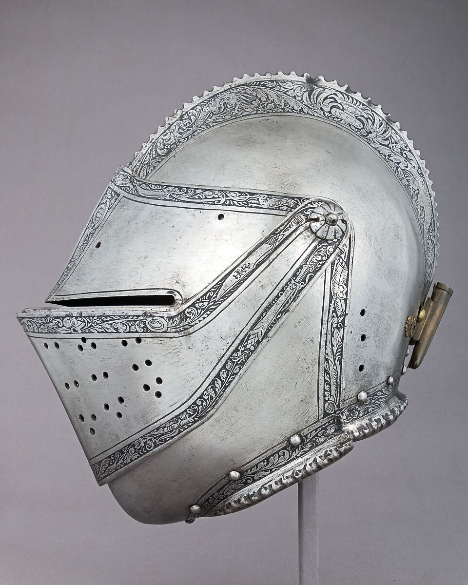 Close Helmet for the Tourney, Ornament copied from a design by Daniel Hopfer (German, Kaufbeuren 1471–1536 Augsburg), Steel, leather, brass, Austrian, Innsbruck