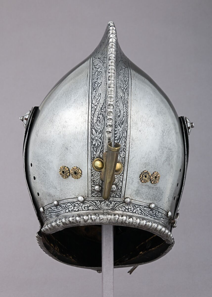 Close Helmet for the Tourney, Ornament copied from a design by Daniel Hopfer (German, Kaufbeuren 1471–1536 Augsburg), Steel, leather, brass, Austrian, Innsbruck